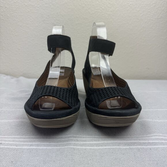 Clark’s Collection Reedly Salene Wedge Sandals Leather Peep Toe Black 8.5 - Picture 5 of 15